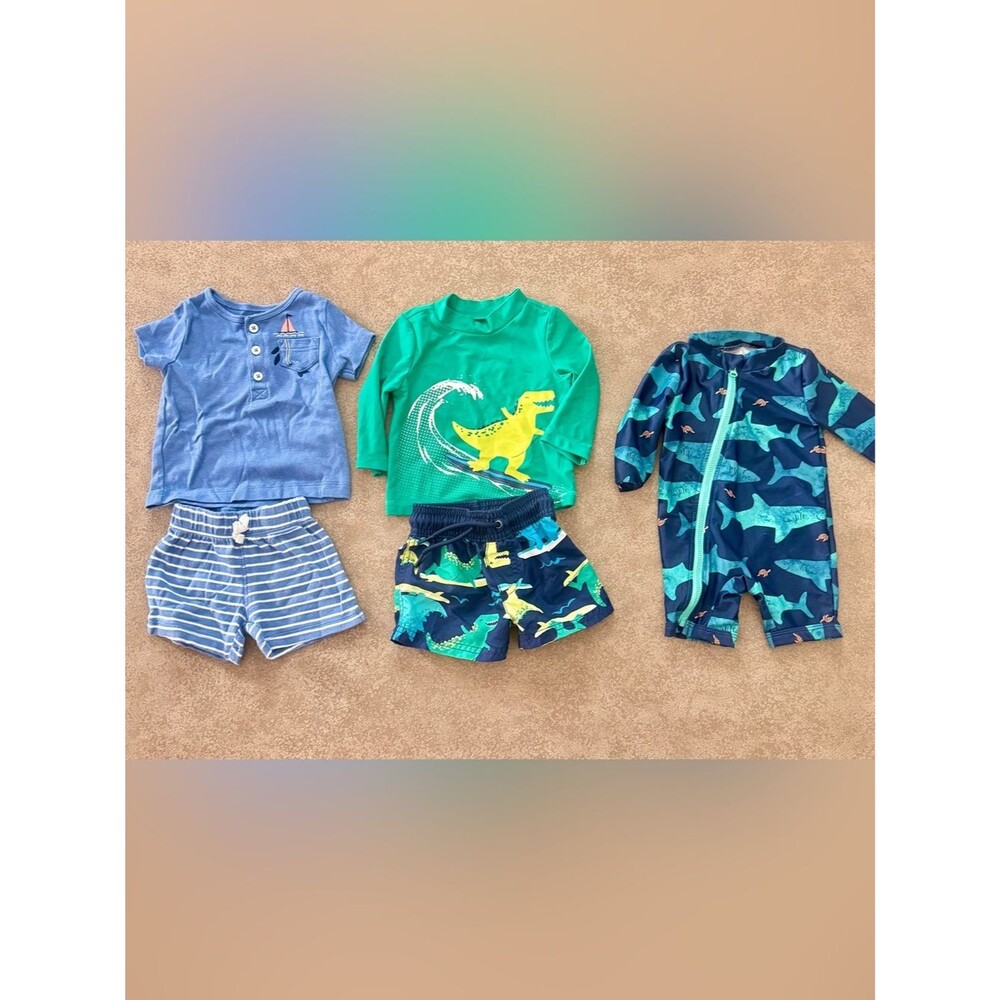 Carter's Boys 3M Summer Bundle 3 Outfits Swim Rash Guard Shark Beach 5 Pieces